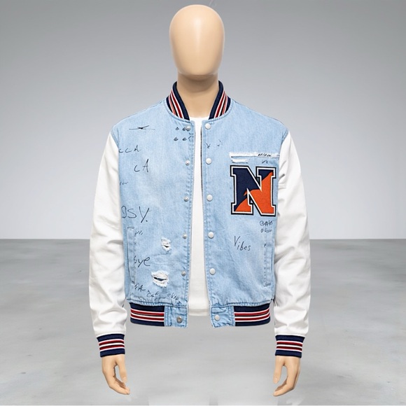 Fashion Nova Men’s Light Blue & White Graffiti Denim Varsity Jacket - Picture 10 of 13
